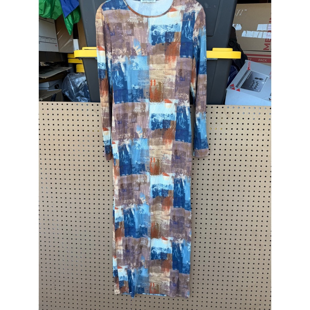 Reformation Abstract Block Print Tencel Maxi Dress‎ Blue Brown Long Sleeve M